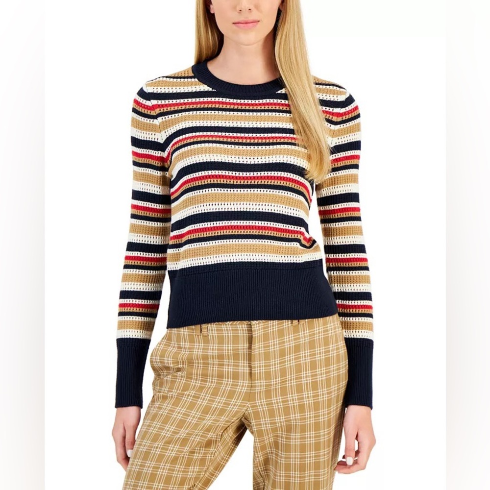 🆕 TOMMY HILFIGER Women's Open-Stitch Striped Long-Sleeve Sweater - Picture 3 of 3